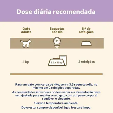 Dose diária recomendada de saquetas Purina Cat Chow de salmão e curgete